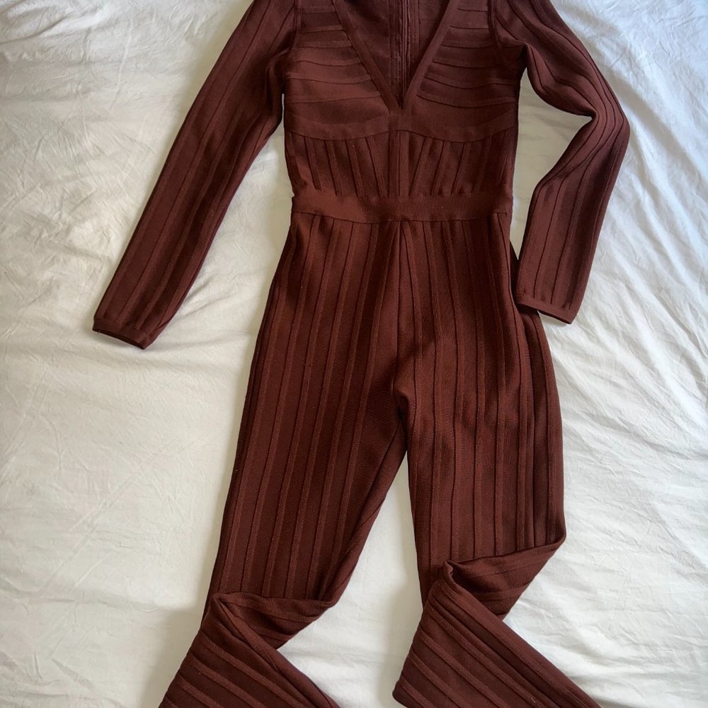 Chocolate Bandage Plunge V Neck Ribbed Jumpsuit - Size S - Picture 2 of 3